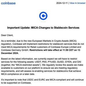 Coinbase to Restrict European Users from Trading USDT, GUSD, GYEN, DAI, PAX, and PYUSD Starting December 13, 2024