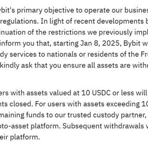 Bybit to Terminate Withdrawal and Custody Services in France, Transfer to Coinhouse Effective January 8, 2025