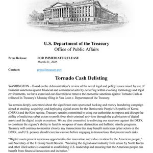 US Treasury Department Removes Sanctions on Tornado Cash