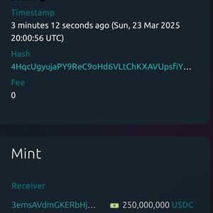 Circle Mints $250 Million USDC at Treasury, Totaling 249,973,750 USD on March 23, 2025