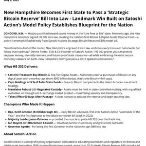 New Hampshire Passes HB 302, Allocating Up to 5% of Funds to Bitcoin in 60 Days