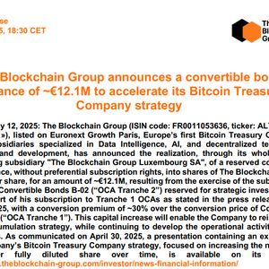 EU's First Bitcoin Treasury Company The Blockchain Group Plans €12.1 Million Bond to Expand Bitcoin Holdings