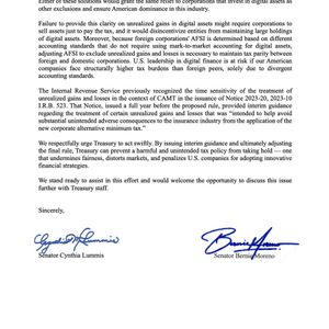 Senators Lummis and Moreno Urge U.S. Treasury to Eliminate Tax on Unrealized Gains for Bitcoin and Digital Assets