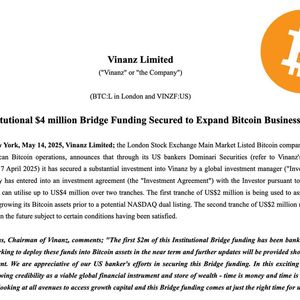 London-Listed Vinanz Raises $4 Million Institutional Bridge Funding Including $2 Million Bitcoin Acquisition Ahead of Nasdaq Dual Listing