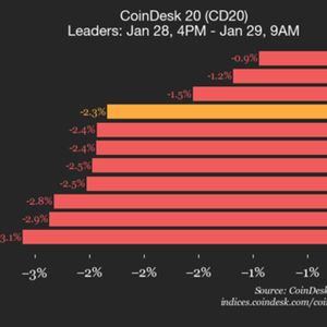 CoinDesk 20 performance update: index drops 2.3% as all constituents trade lower