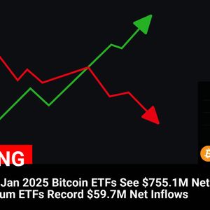 Cryptocurrency ETF Flows: Bitcoin Sees $755.1M Inflows, Ethereum Records $59.7M Inflows on 15 Jan 2025