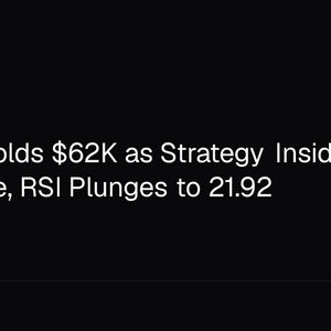 Bitcoin Holds $62K as Strategy Insiders File $15M Sale, RSI Plunges to 21.92