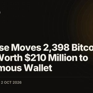 Coinbase Moves 2,398 Bitcoin (BTC) Worth $210 Million to Anonymous Wallet